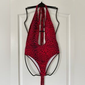 Red Black Leopard Plunge Halter Tie Open Back One Piece Swimsuit - Size Small
